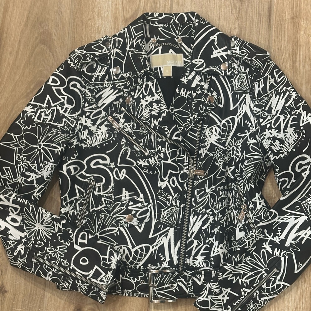 Michael Kors Graffiti Leather Black and White  Leather Moto Jacket SZ Small - Picture 6 of 10